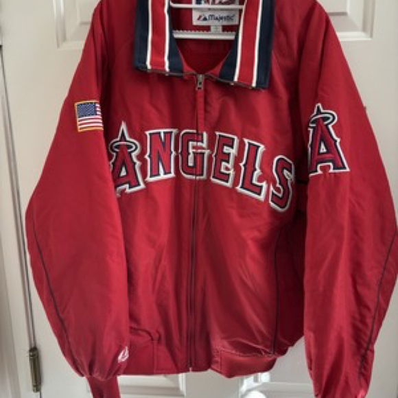 VTG 00s MLB ANAHEIM ANGELES MAJESTIC DUGOUT JACKET USA FLAG PATCH SIZE L RED - Picture 1 of 4